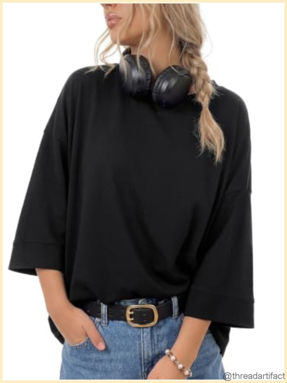 Women's 3/4 Sleeve Drop Shoulder Loose Fit Casual Basic T Shirt Top Crew Neck